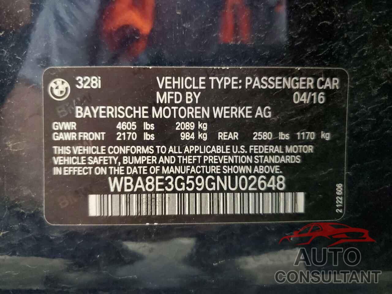 BMW 3 SERIES 2016 - WBA8E3G59GNU02648