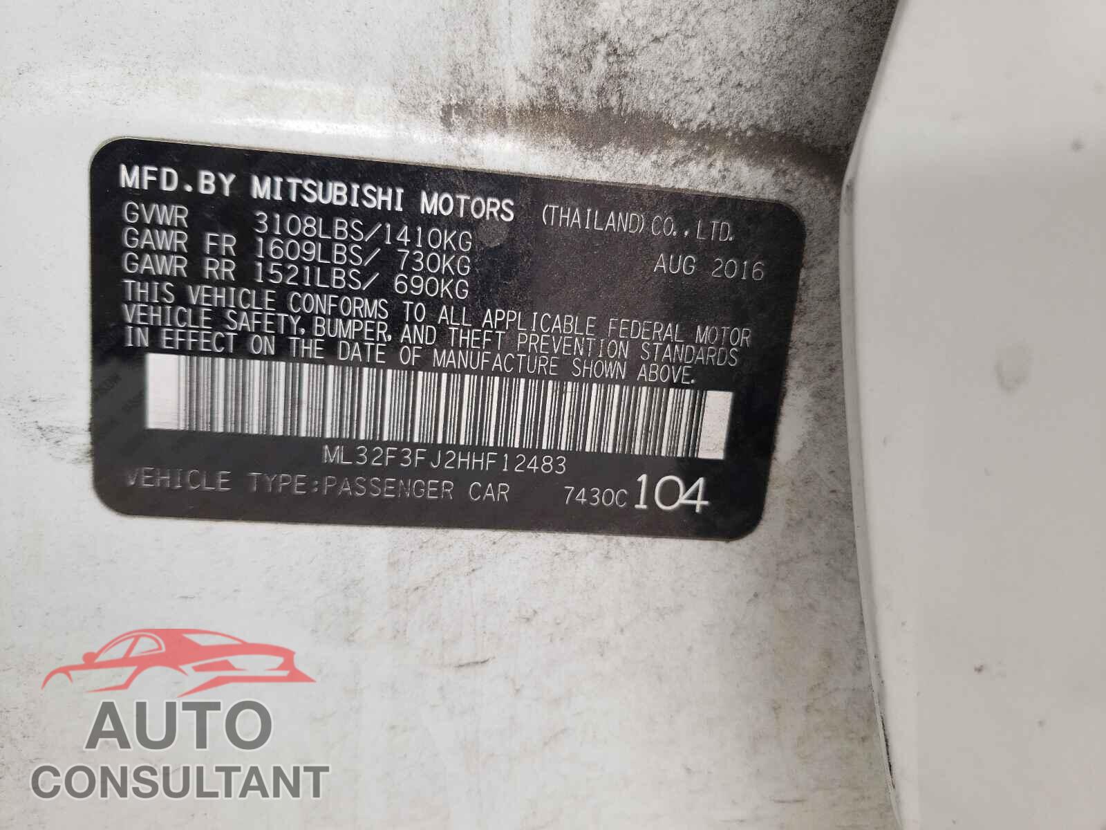 MITSUBISHI MIRAGE 2017 - ML32F3FJ2HHF12483