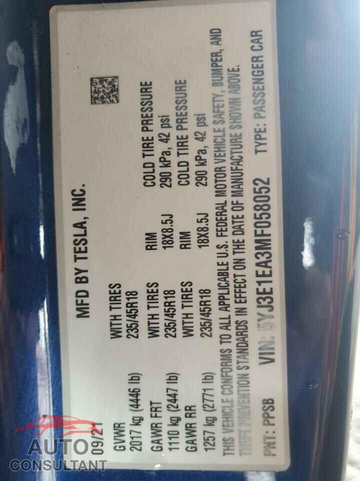 TESLA MODEL 3 2021 - 5YJ3E1EA3MF058052