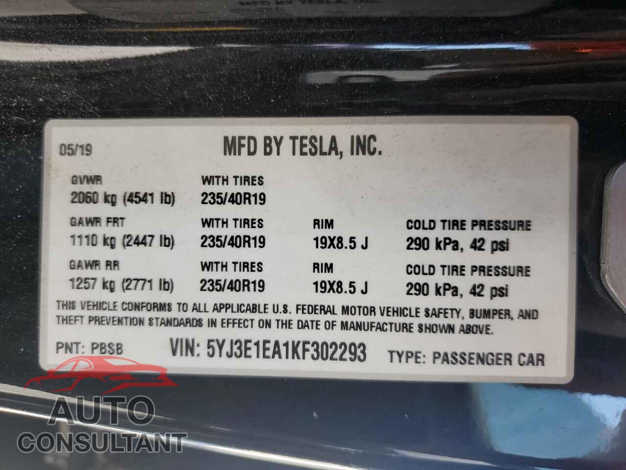 TESLA MODEL 3 2019 - 5YJ3E1EA1KF302293