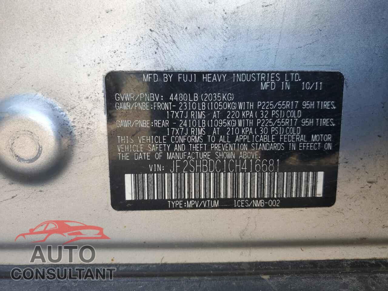 SUBARU FORESTER 2012 - JF2SHBDC1CH416681