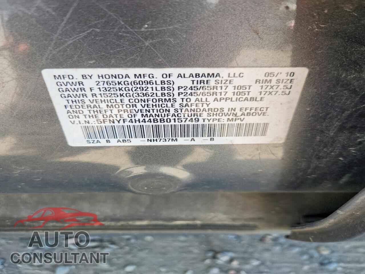 HONDA PILOT 2011 - 5FNYF4H44BB015749