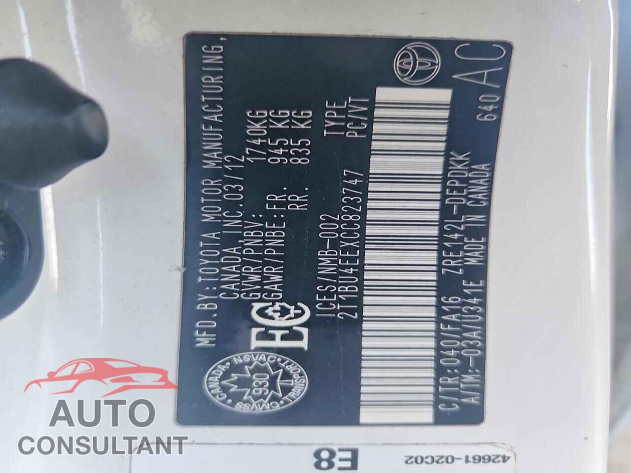 TOYOTA COROLLA 2012 - 2T1BU4EEXCC823747