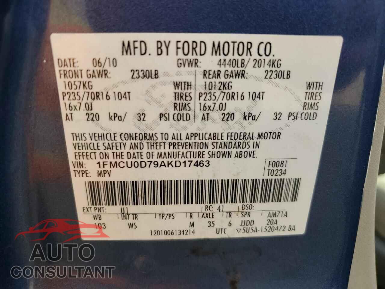 FORD ESCAPE 2010 - 1FMCU0D79AKD17463