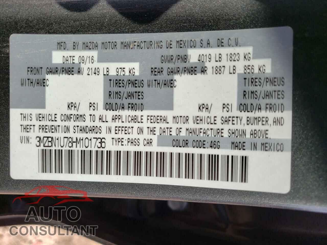 MAZDA 3 2017 - 3MZBN1U78HM101736