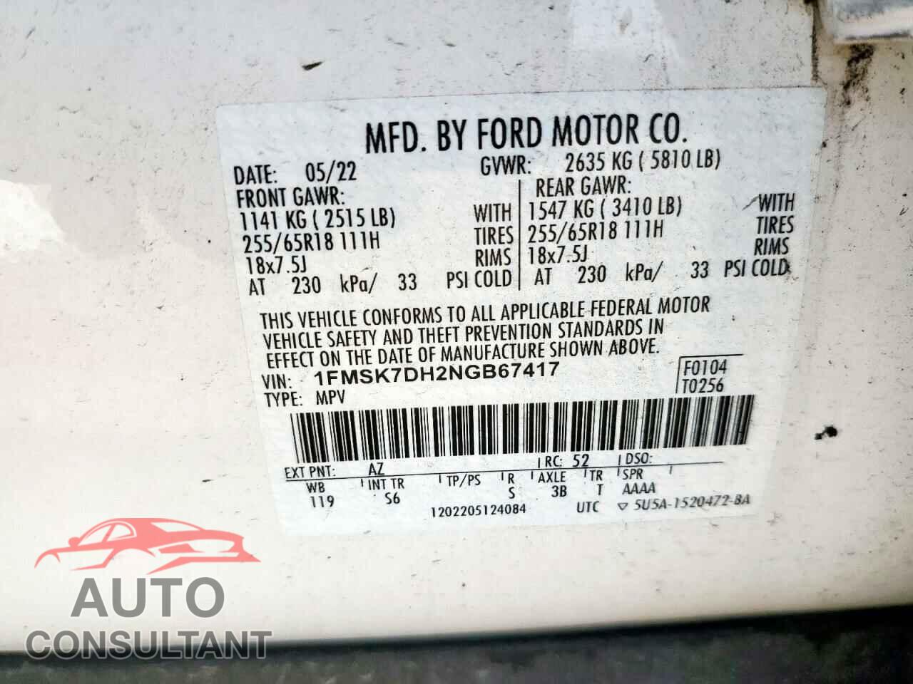 FORD EXPLORER 2022 - 1FMSK7DH2NGB67417