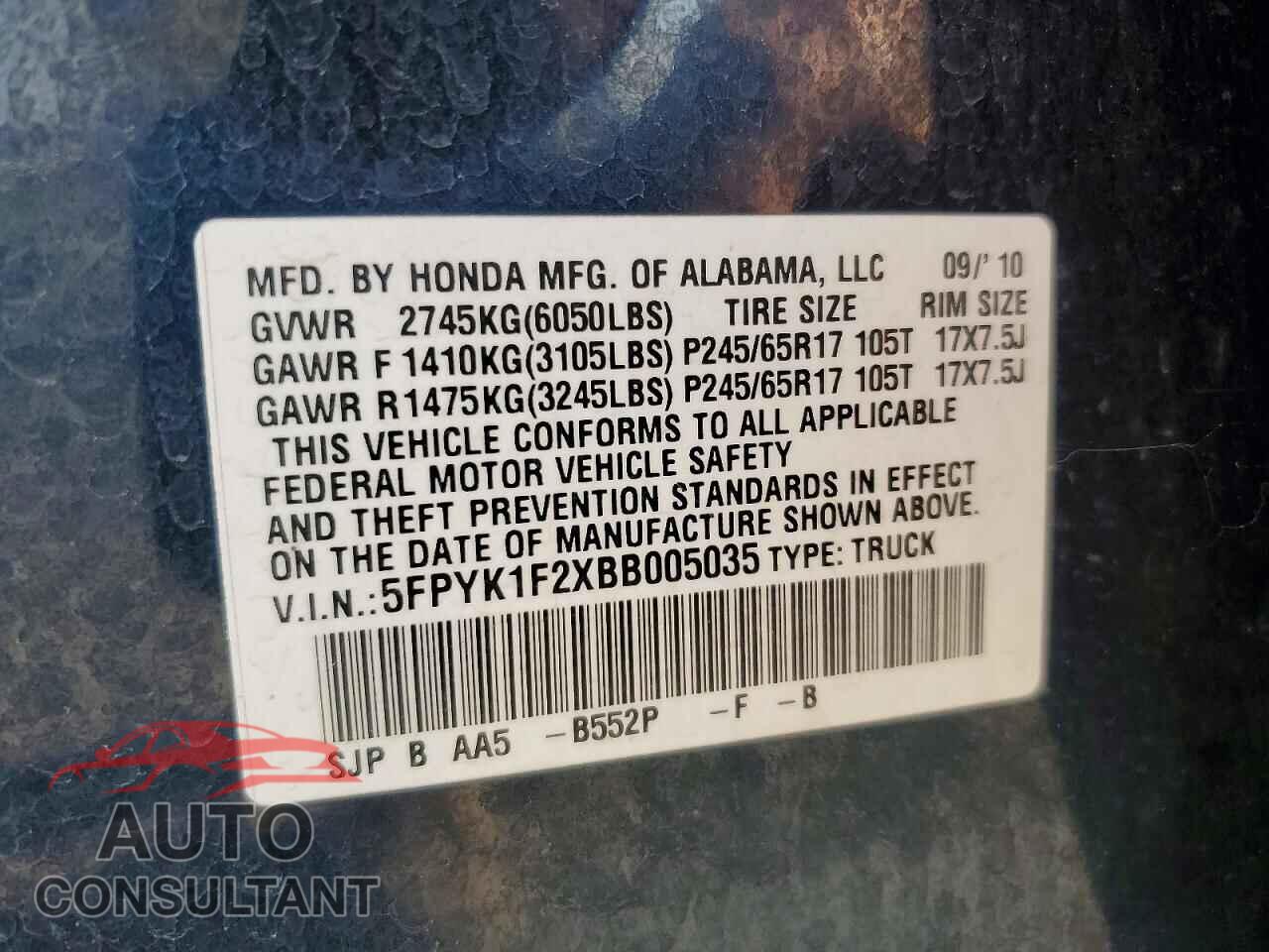 HONDA RIDGELINE 2011 - 5FPYK1F2XBB005035