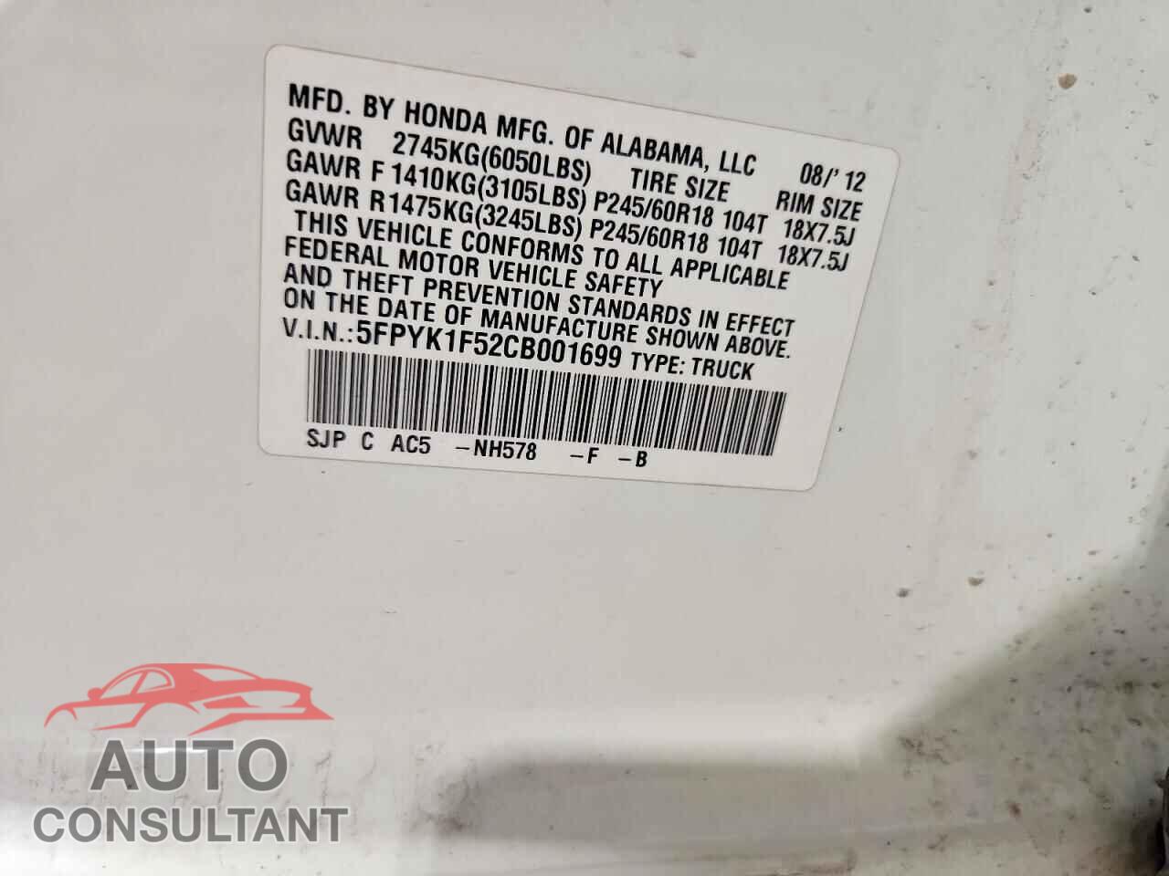 HONDA RIDGELINE 2012 - 5FPYK1F52CB001699