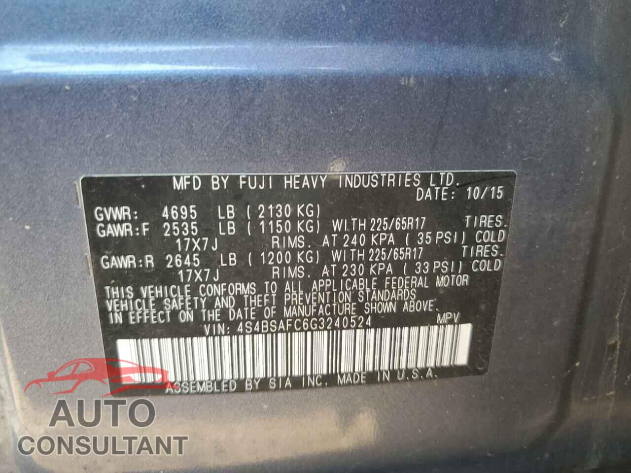 SUBARU OUTBACK 2016 - 4S4BSAFC6G3240524