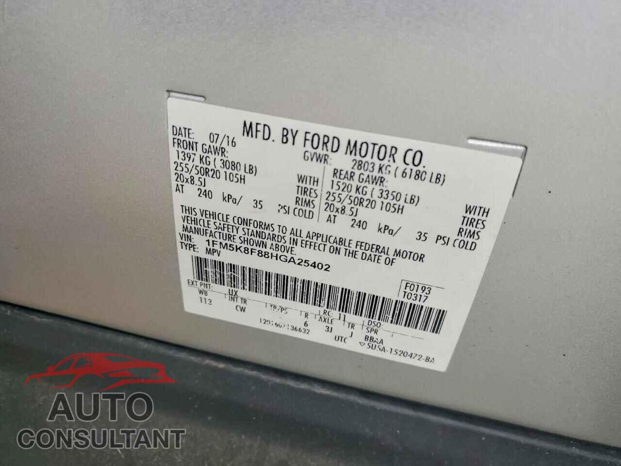FORD EXPLORER 2017 - 1FM5K8F88HGA25402
