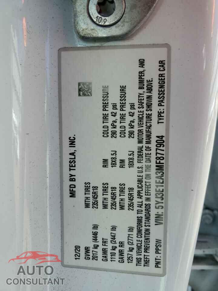 TESLA MODEL 3 2021 - 5YJ3E1EA3MF877904
