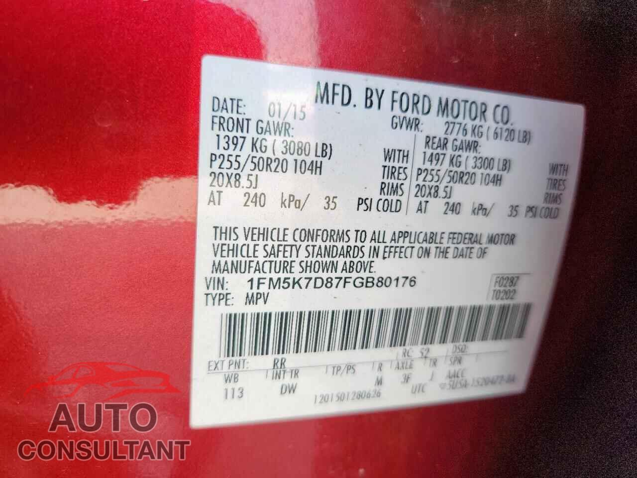 FORD EXPLORER 2015 - 1FM5K7D87FGB80176