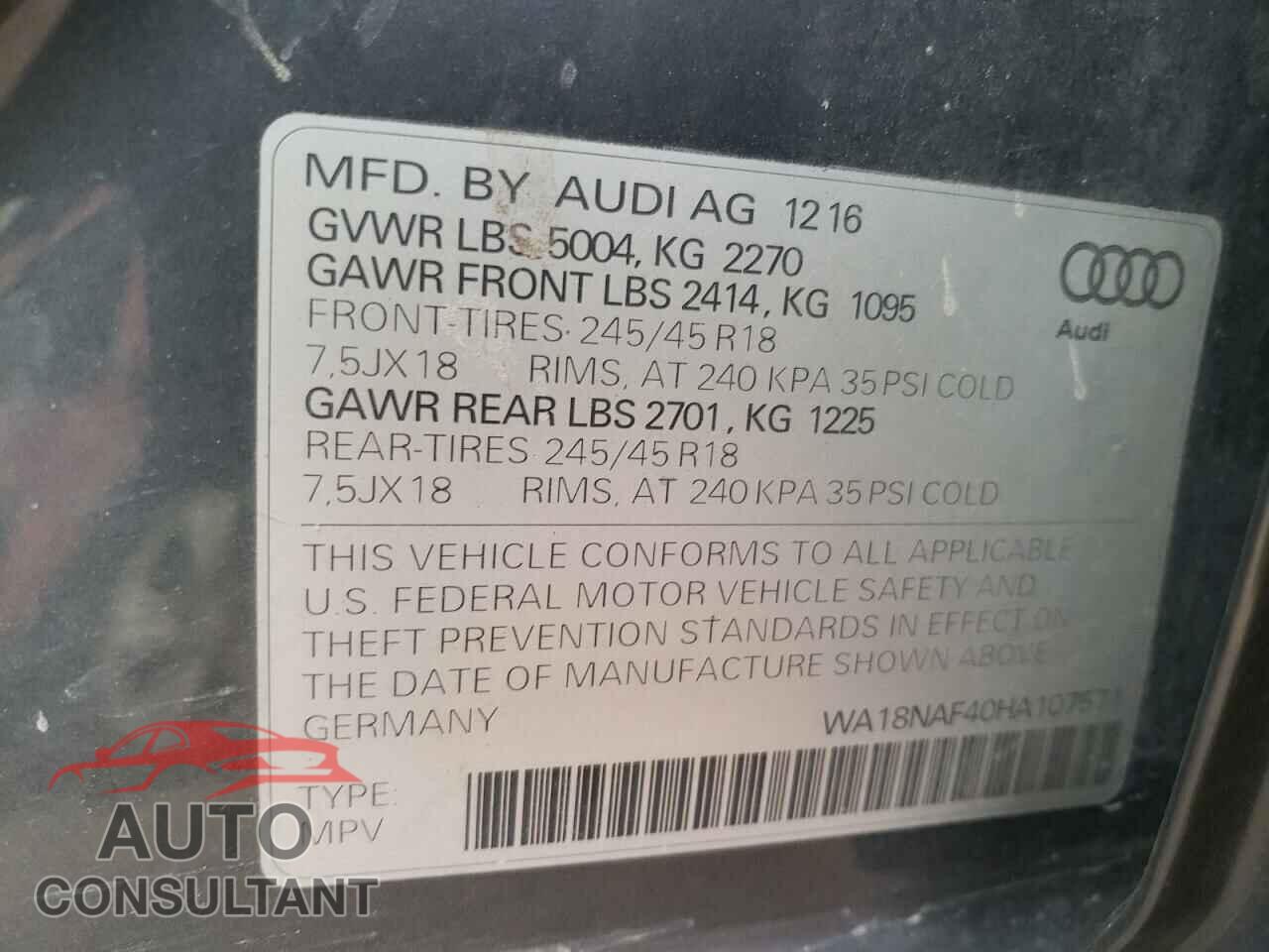 AUDI A4 2017 - WA18NAF40HA107571