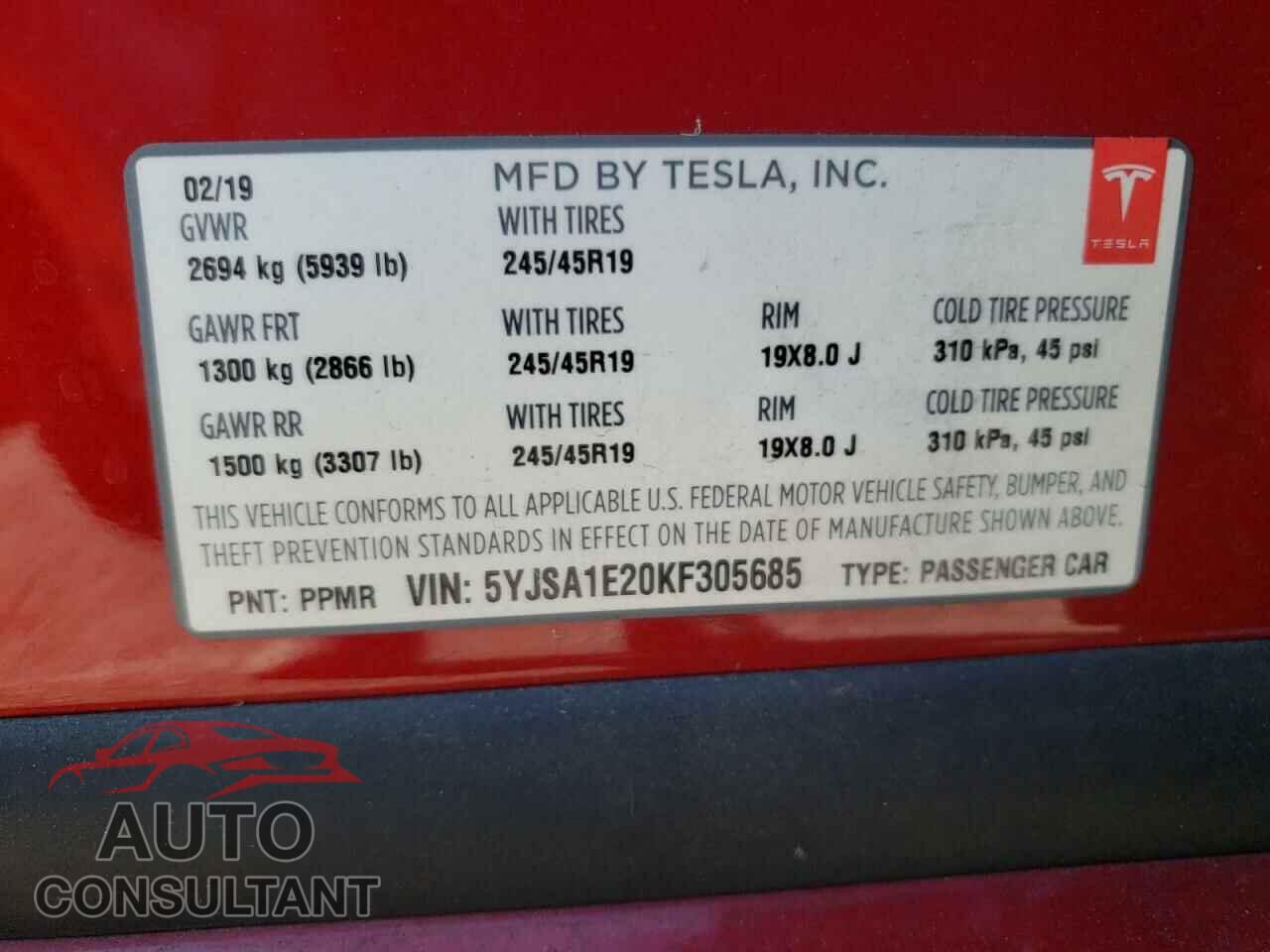 TESLA MODEL S 2019 - 5YJSA1E20KF305685
