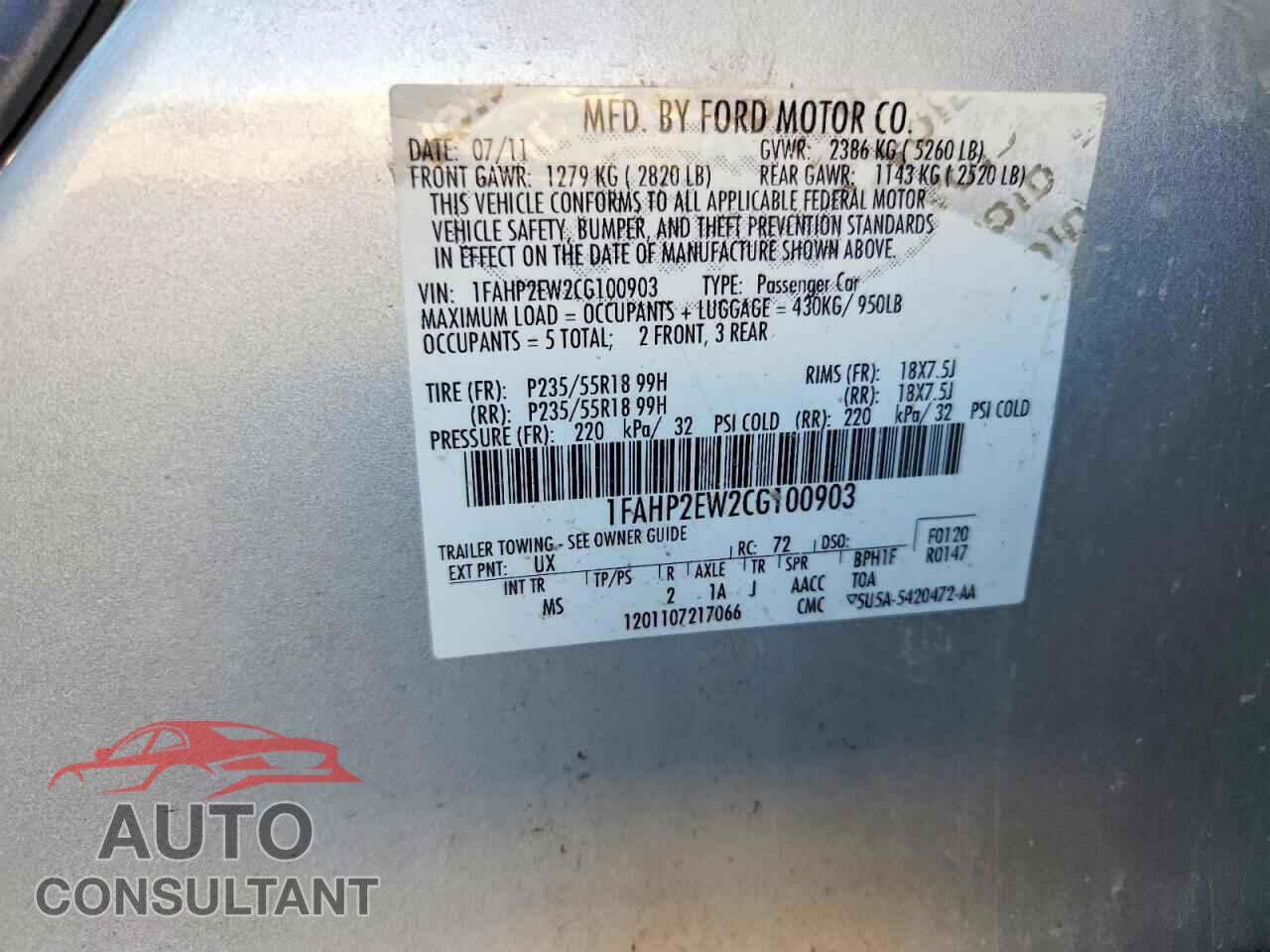 FORD TAURUS 2012 - 1FAHP2EW2CG100903