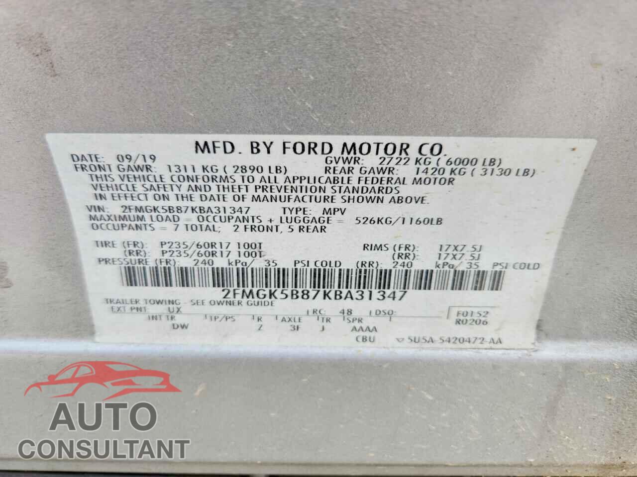 FORD FLEX 2019 - 2FMGK5B87KBA31347