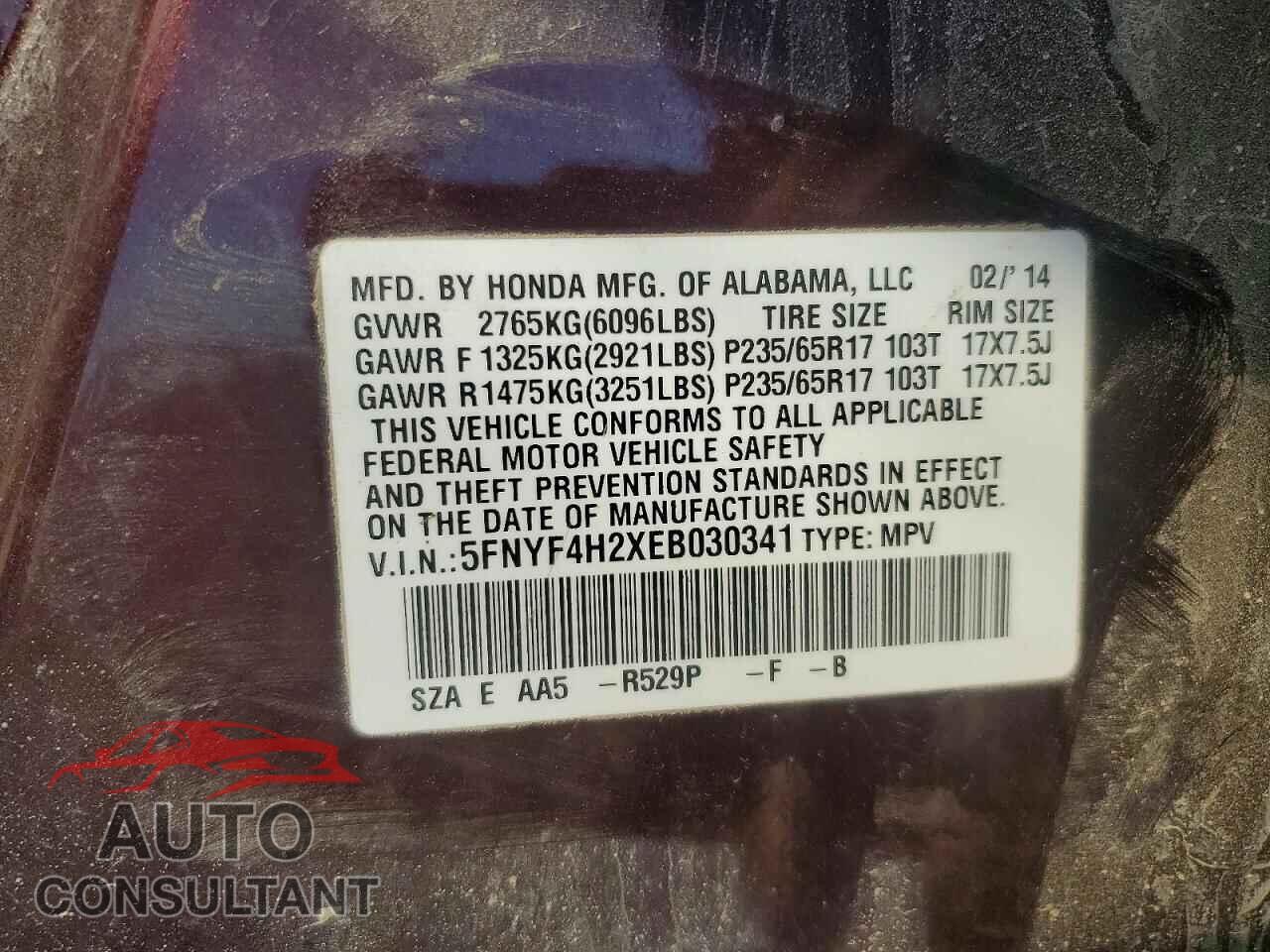 HONDA PILOT 2014 - 5FNYF4H2XEB030341