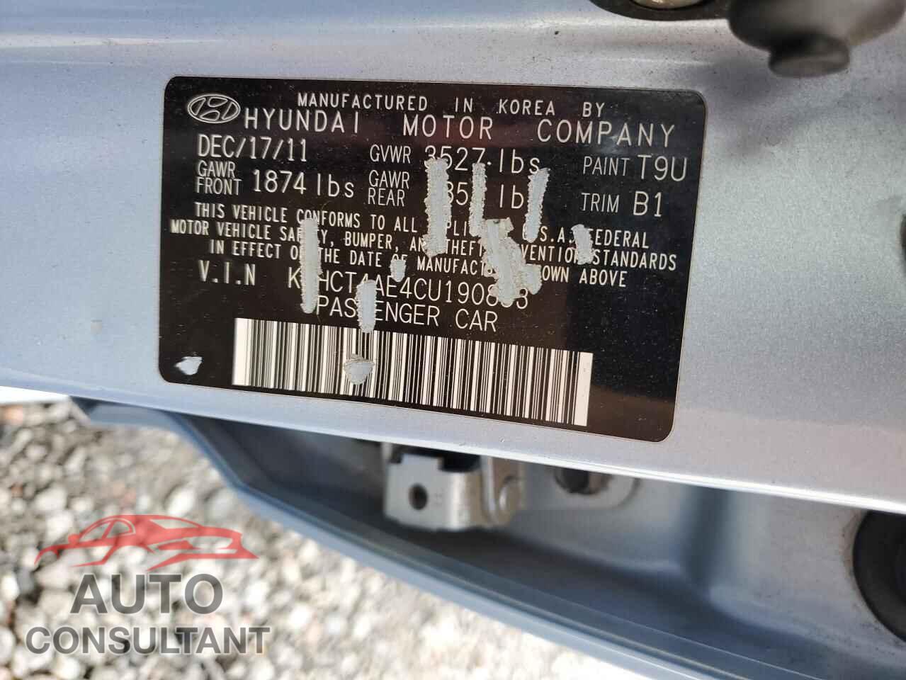 HYUNDAI ACCENT 2012 - KMHCT4AE4CU190853