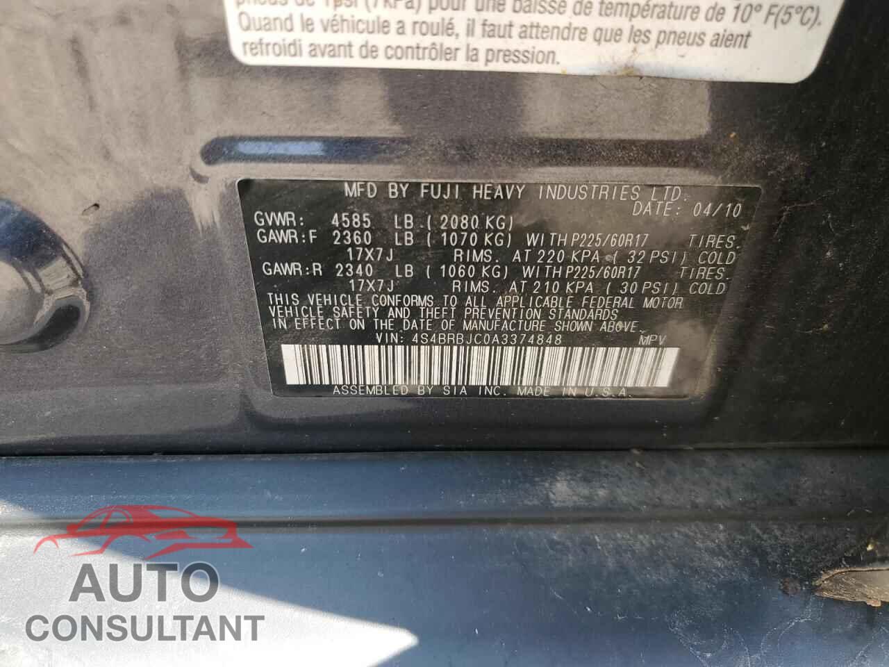 SUBARU OUTBACK 2010 - 4S4BRBJC0A3374848