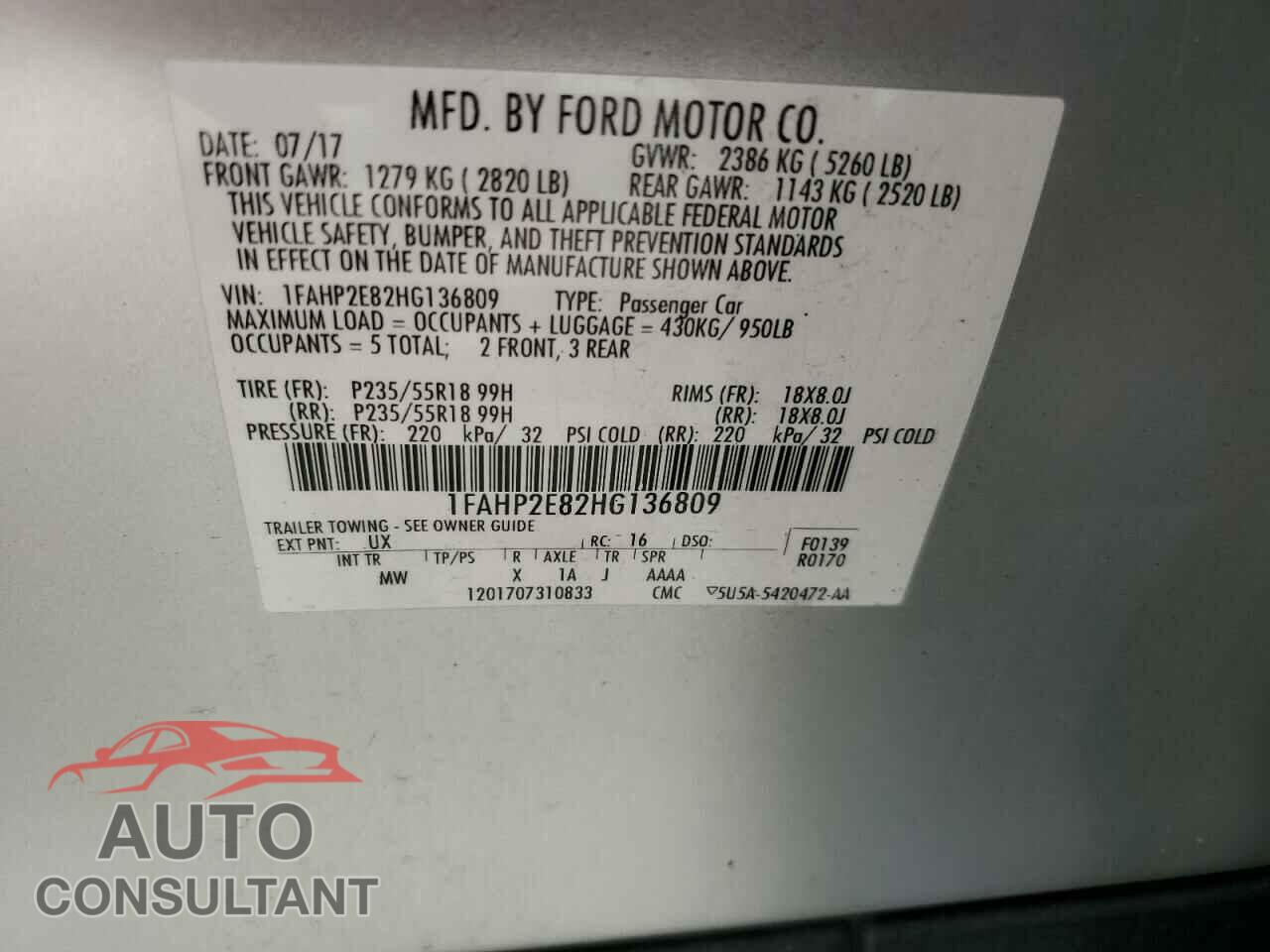 FORD TAURUS 2017 - 1FAHP2E82HG136809