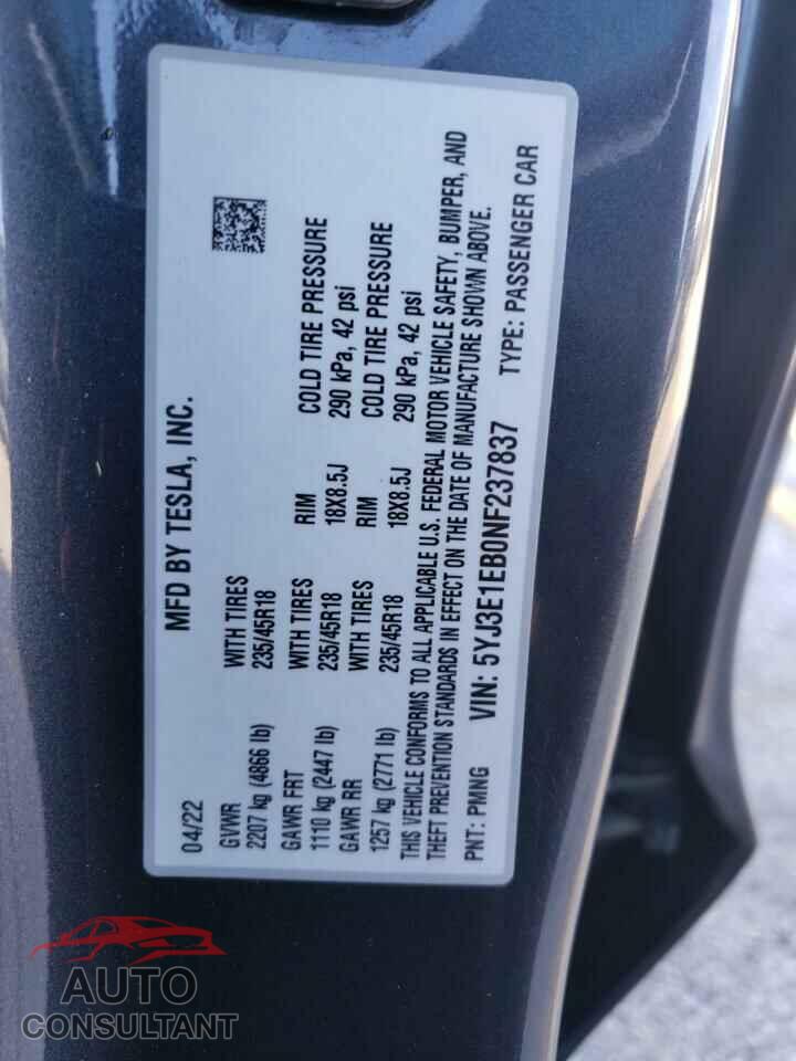 TESLA MODEL 3 2022 - 5YJ3E1EB0NF237837