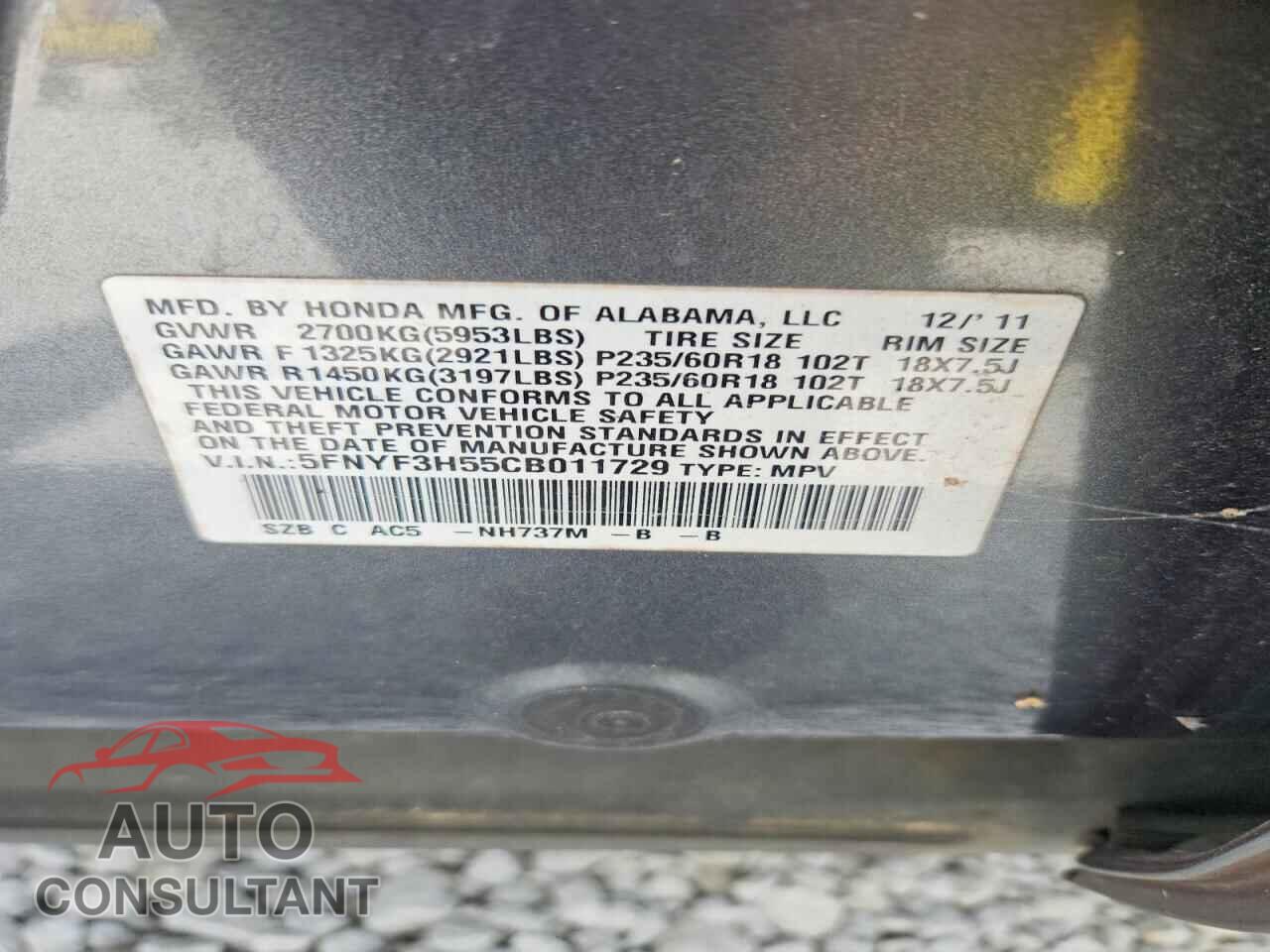 HONDA PILOT 2012 - 5FNYF3H55CB011729
