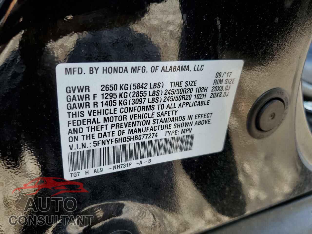 HONDA PILOT 2017 - 5FNYF6H05HB077274