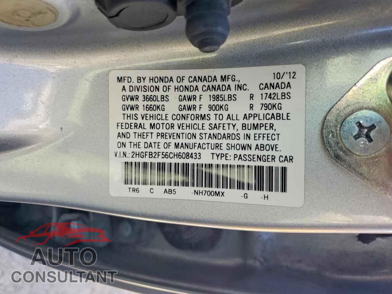 HONDA CIVIC 2012 - 2HGFB2F56CH608433