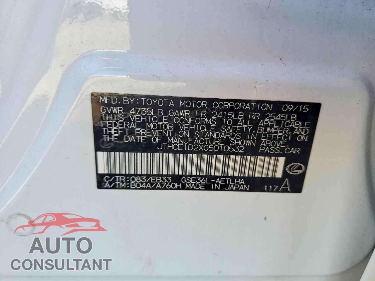 LEXUS IS 2016 - JTHCE1D2XG5010532