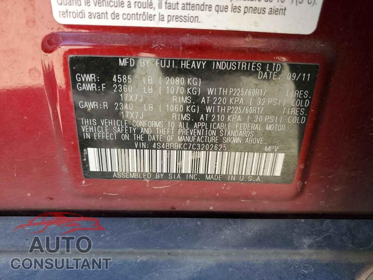SUBARU OUTBACK 2012 - 4S4BRBKC7C3202625