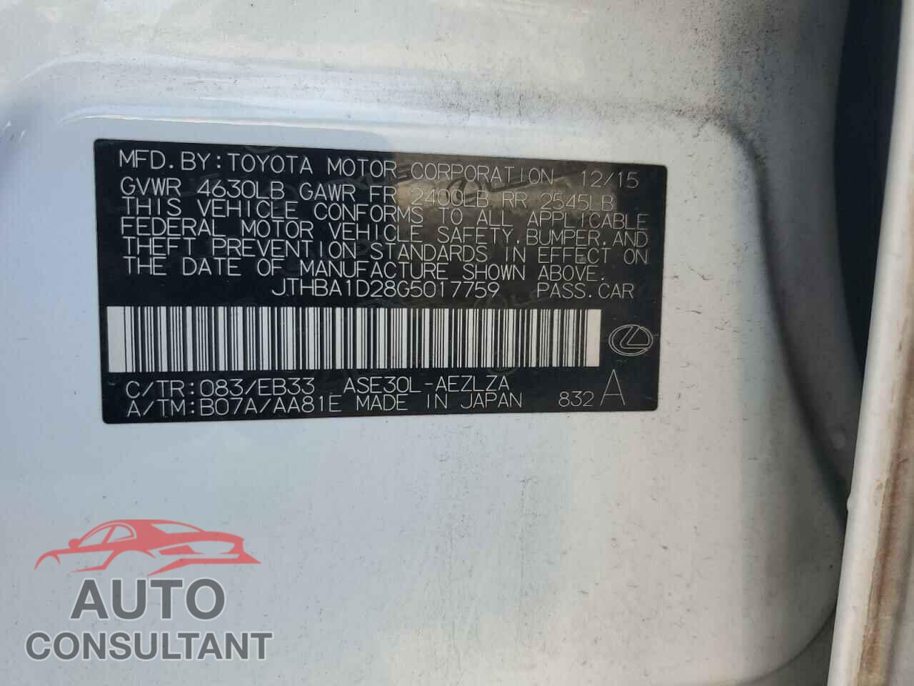 LEXUS IS 2016 - JTHBA1D28G5017759