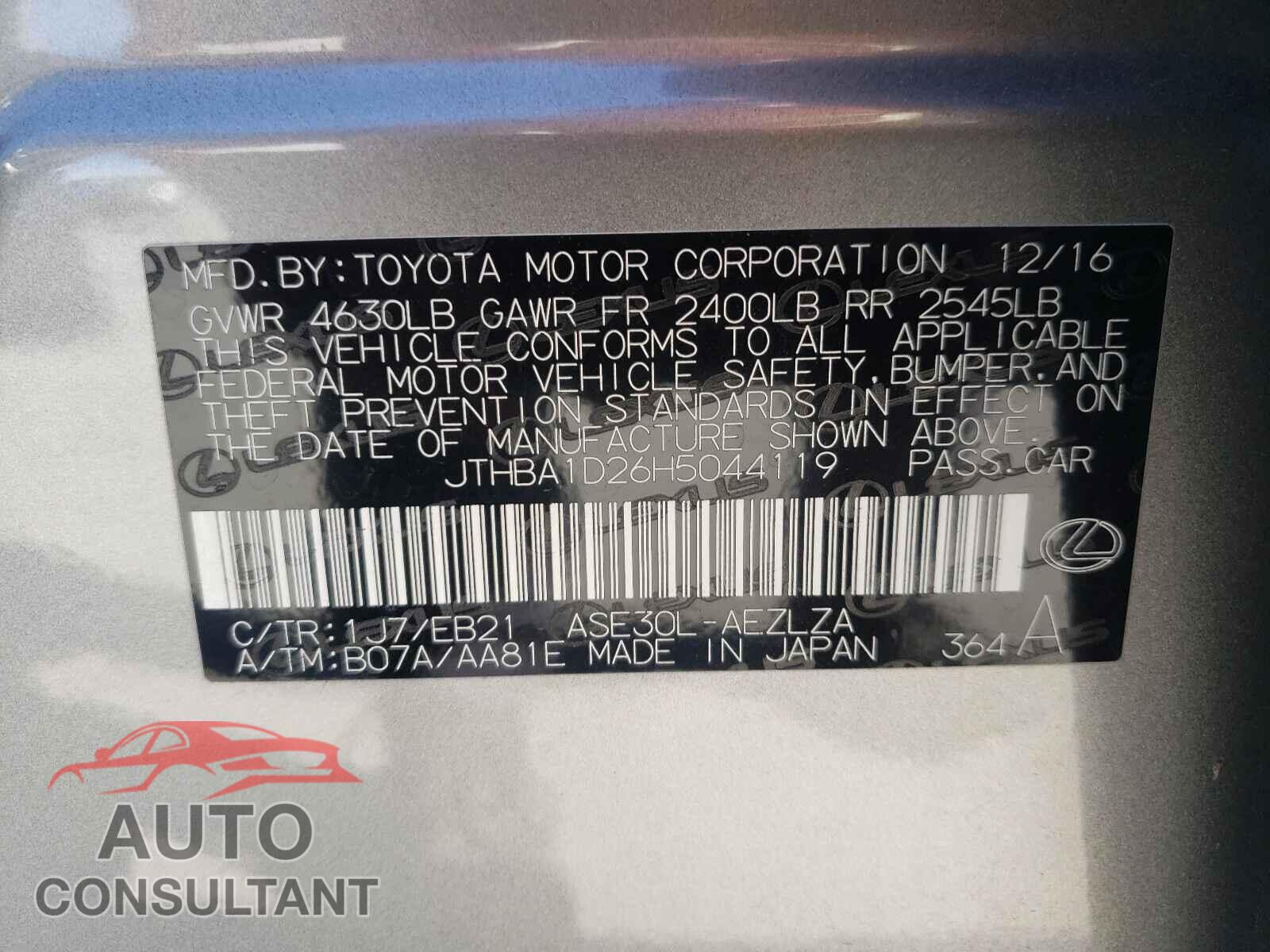 LEXUS IS 2017 - JTHBA1D26H5044119