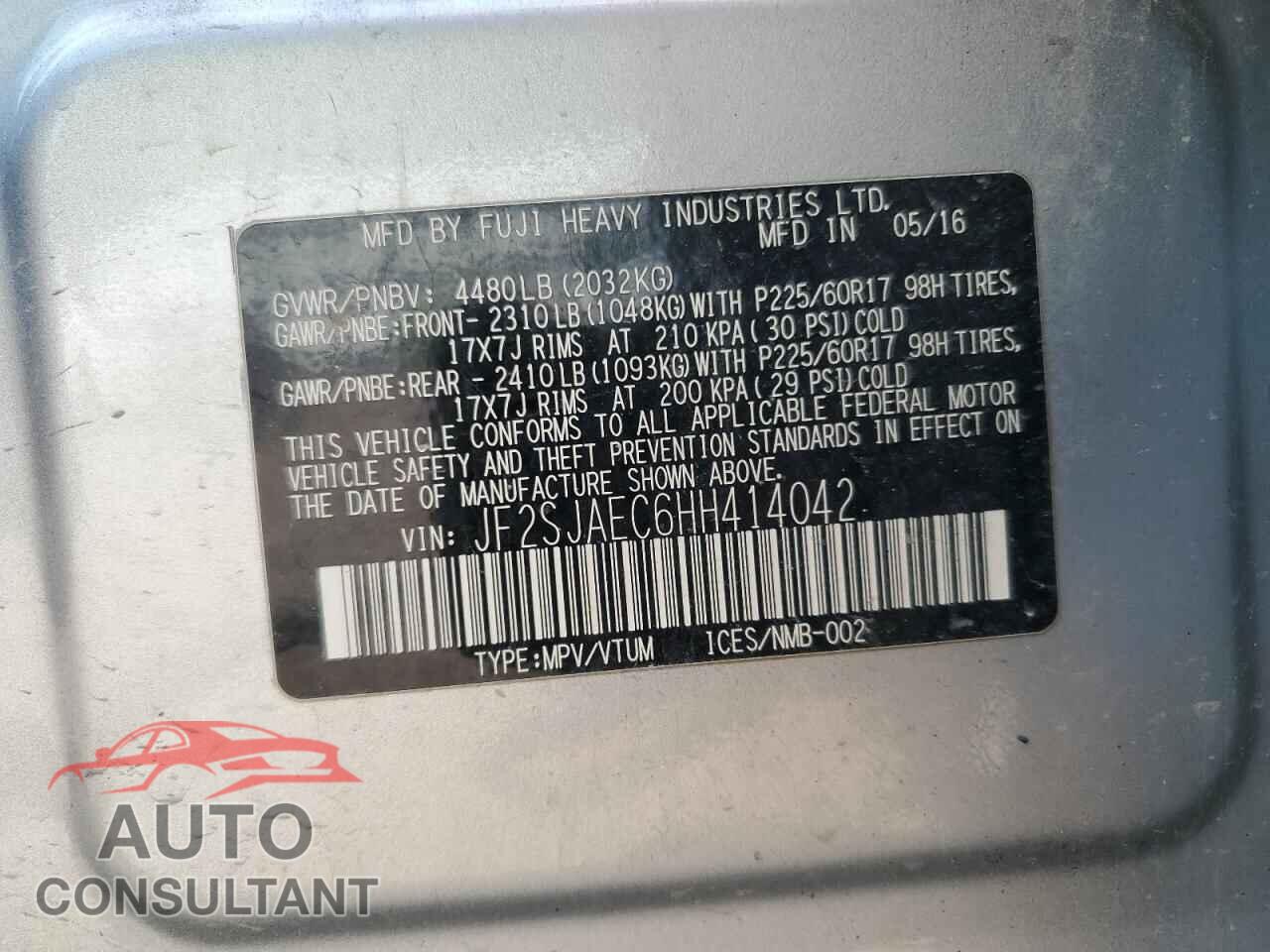 SUBARU FORESTER 2017 - JF2SJAEC6HH414042