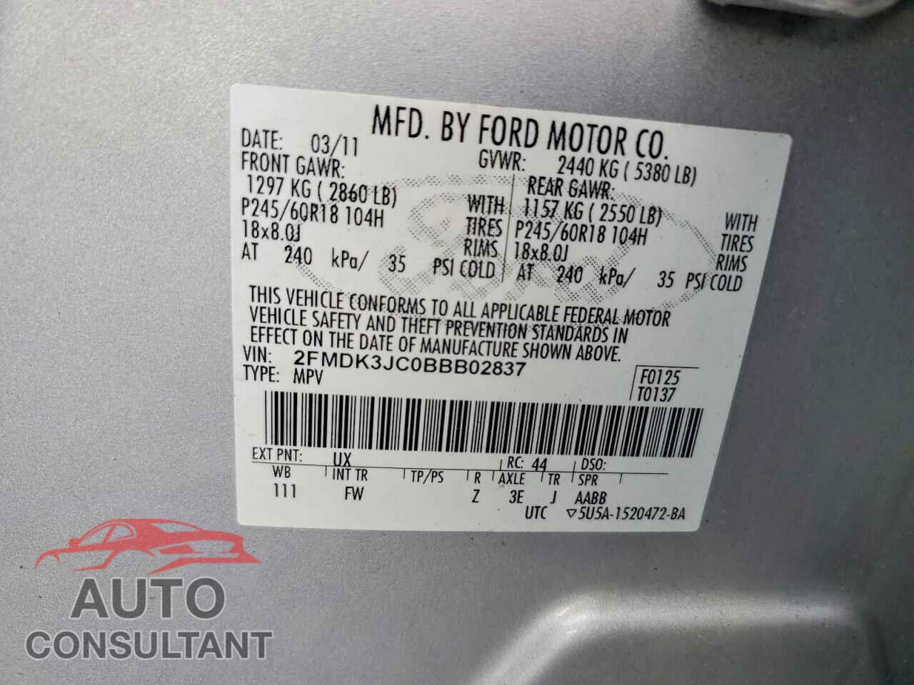 FORD EDGE 2011 - 2FMDK3JC0BBB02837