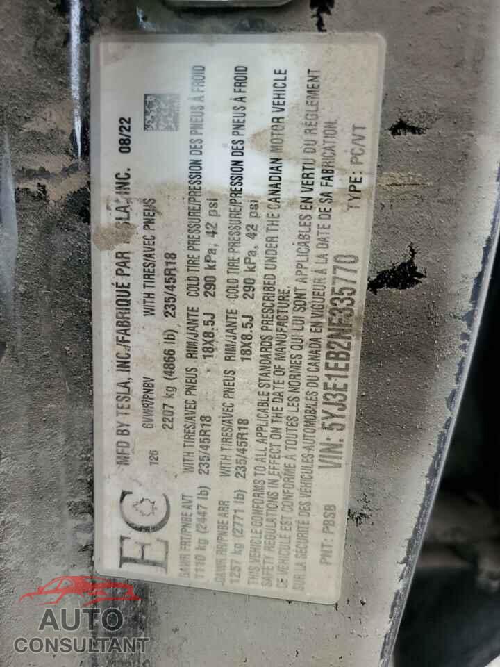 TESLA MODEL 3 2022 - 5YJ3E1EB2NF335770