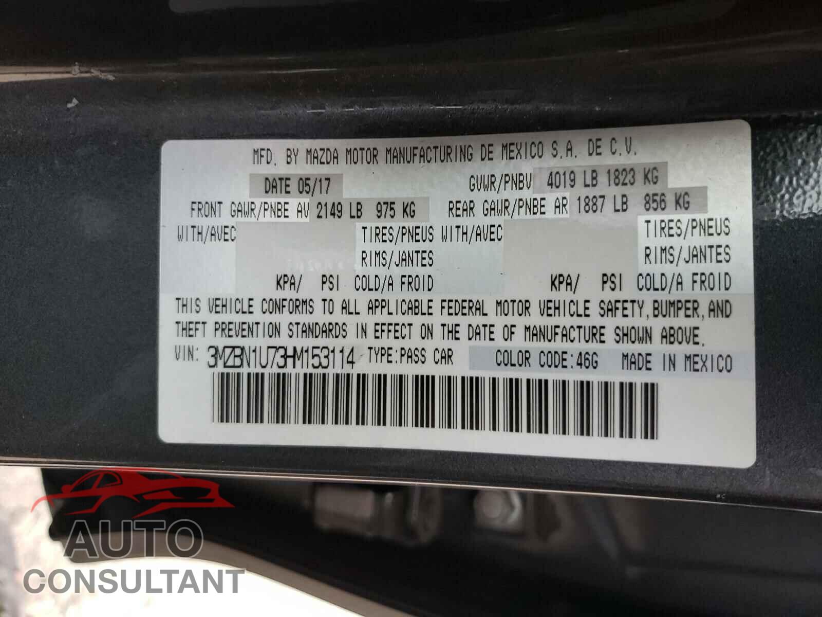 MAZDA 3 2017 - 3MZBN1U73HM153114