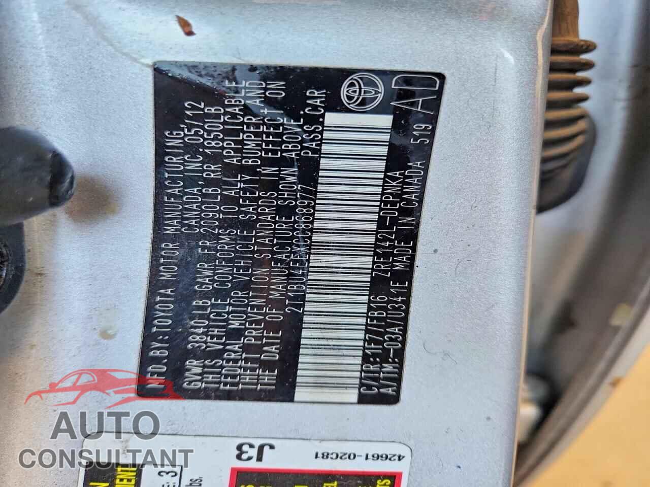 TOYOTA COROLLA 2012 - 2T1BU4EEXCC868977