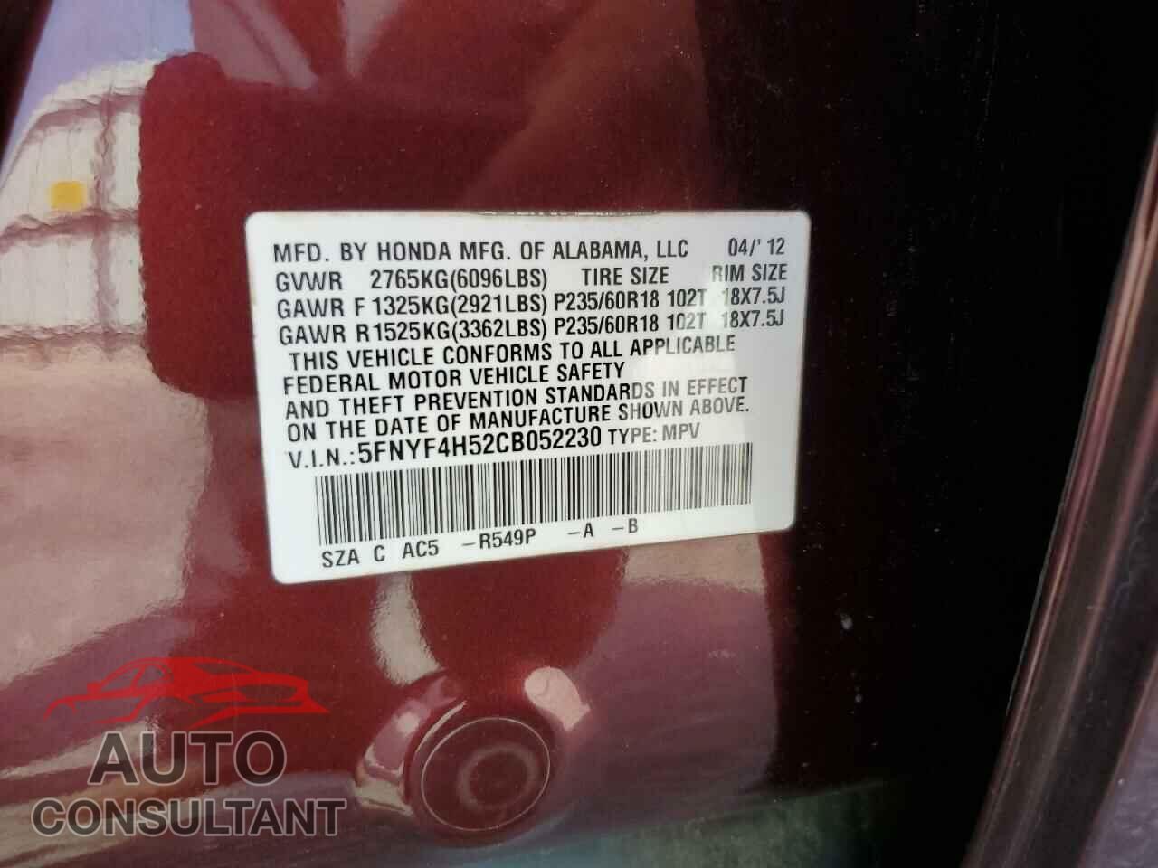 HONDA PILOT 2012 - 5FNYF4H52CB052230