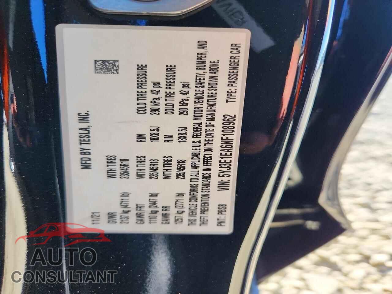 TESLA MODEL 3 2022 - 5YJ3E1EA6NF108962