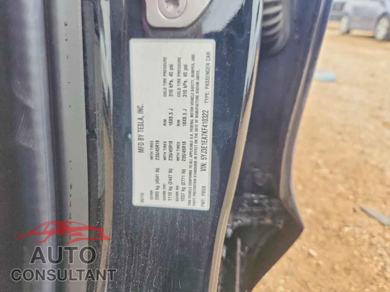 TESLA MODEL 3 2019 - 5YJ3E1EA7KF410322
