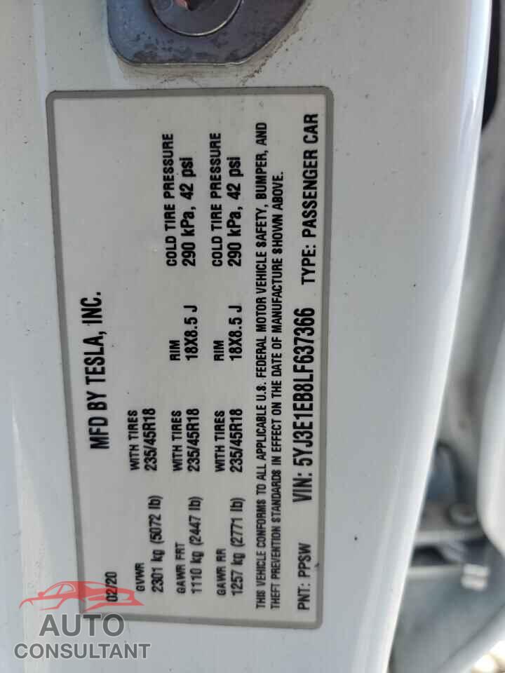 TESLA MODEL 3 2020 - 5YJ3E1EB8LF637366