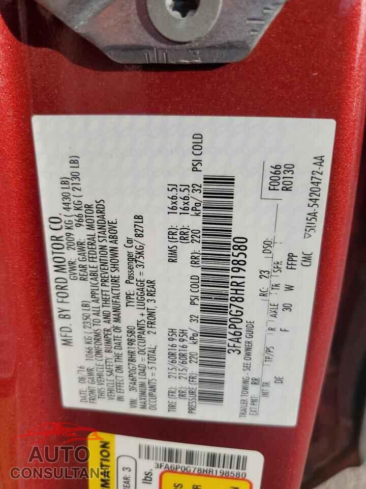 FORD FUSION 2017 - 3FA6P0G78HR198580