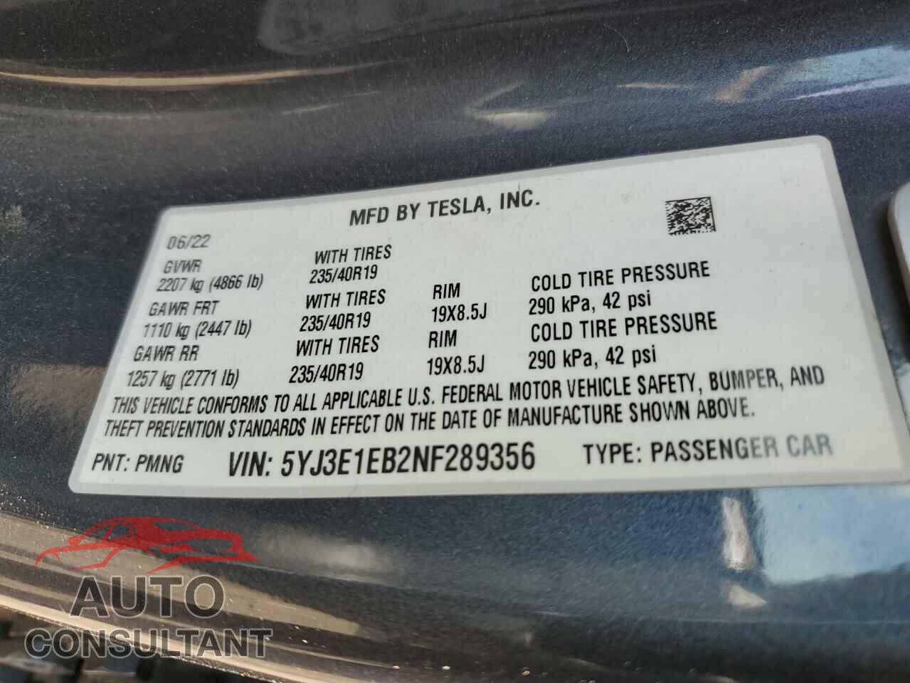 TESLA MODEL 3 2022 - 5YJ3E1EB2NF289356