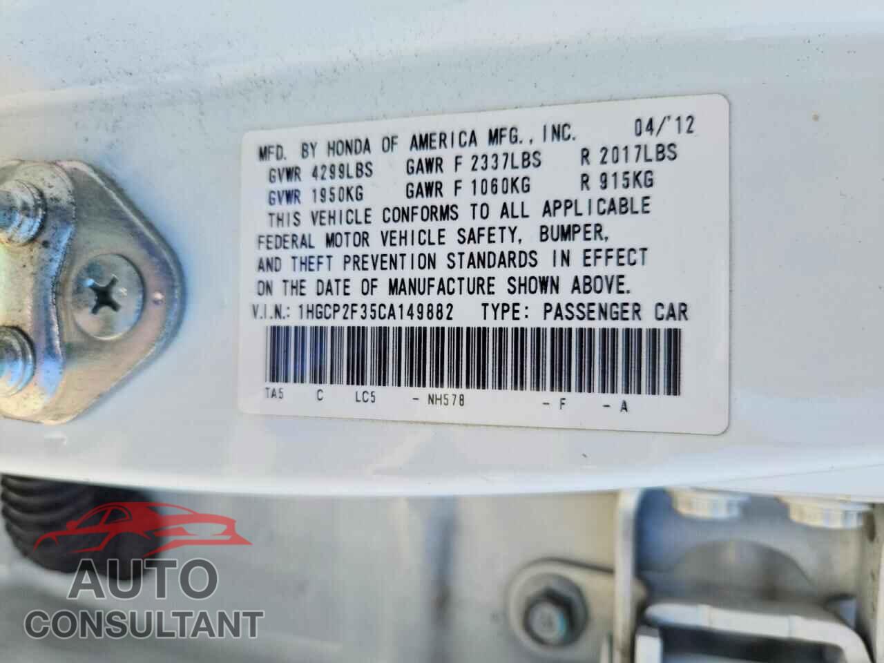 HONDA ACCORD 2012 - 1HGCP2F35CA149882