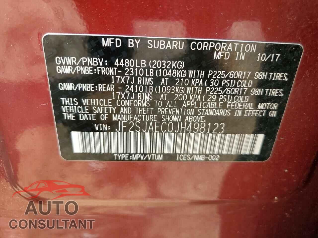 SUBARU FORESTER 2018 - JF2SJAEC0JH498123