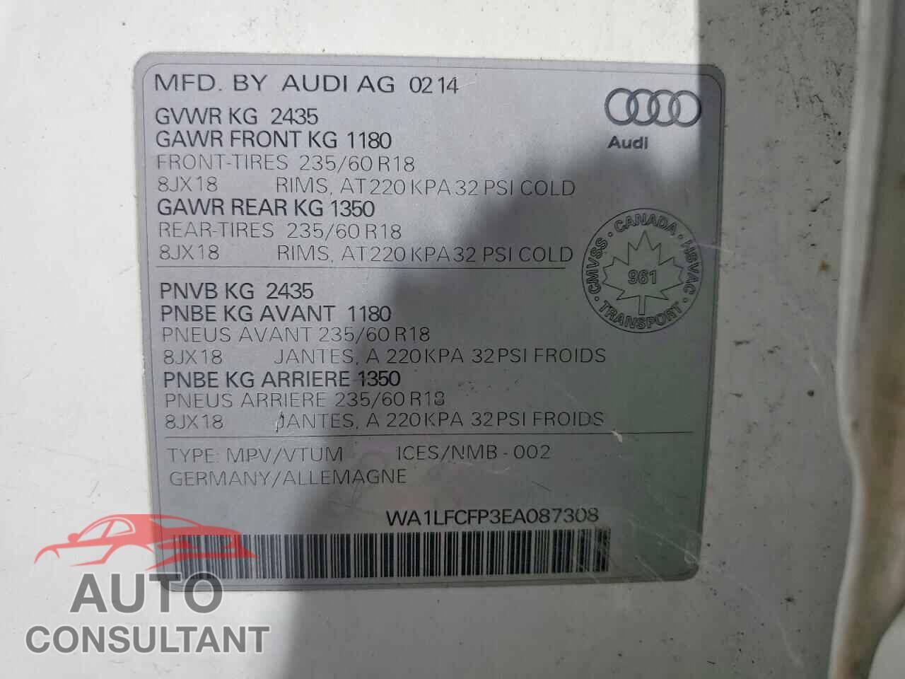 AUDI Q5 2014 - WA1LFCFP3EA087308