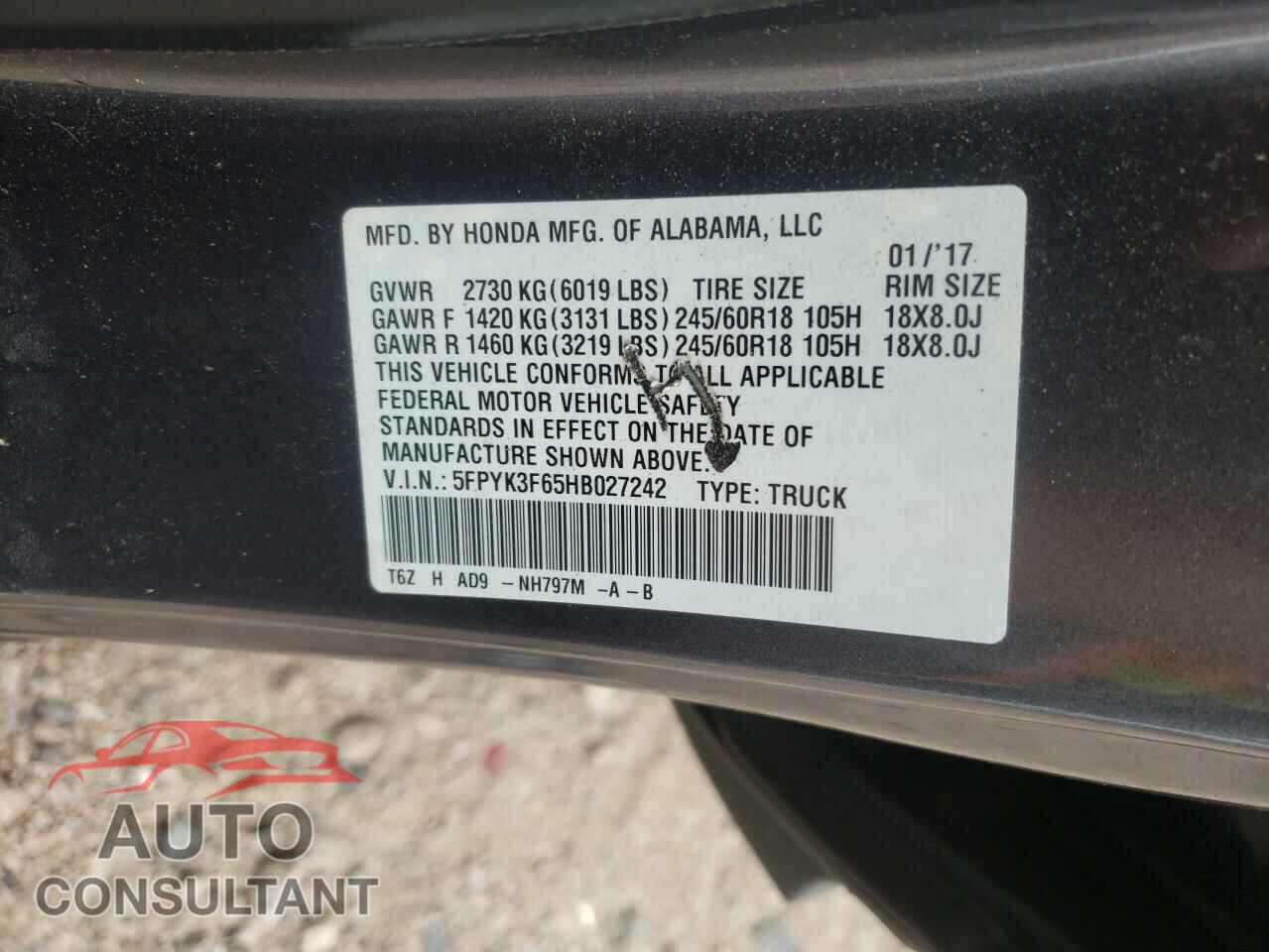 HONDA RIDGELINE 2017 - 5FPYK3F65HB027242