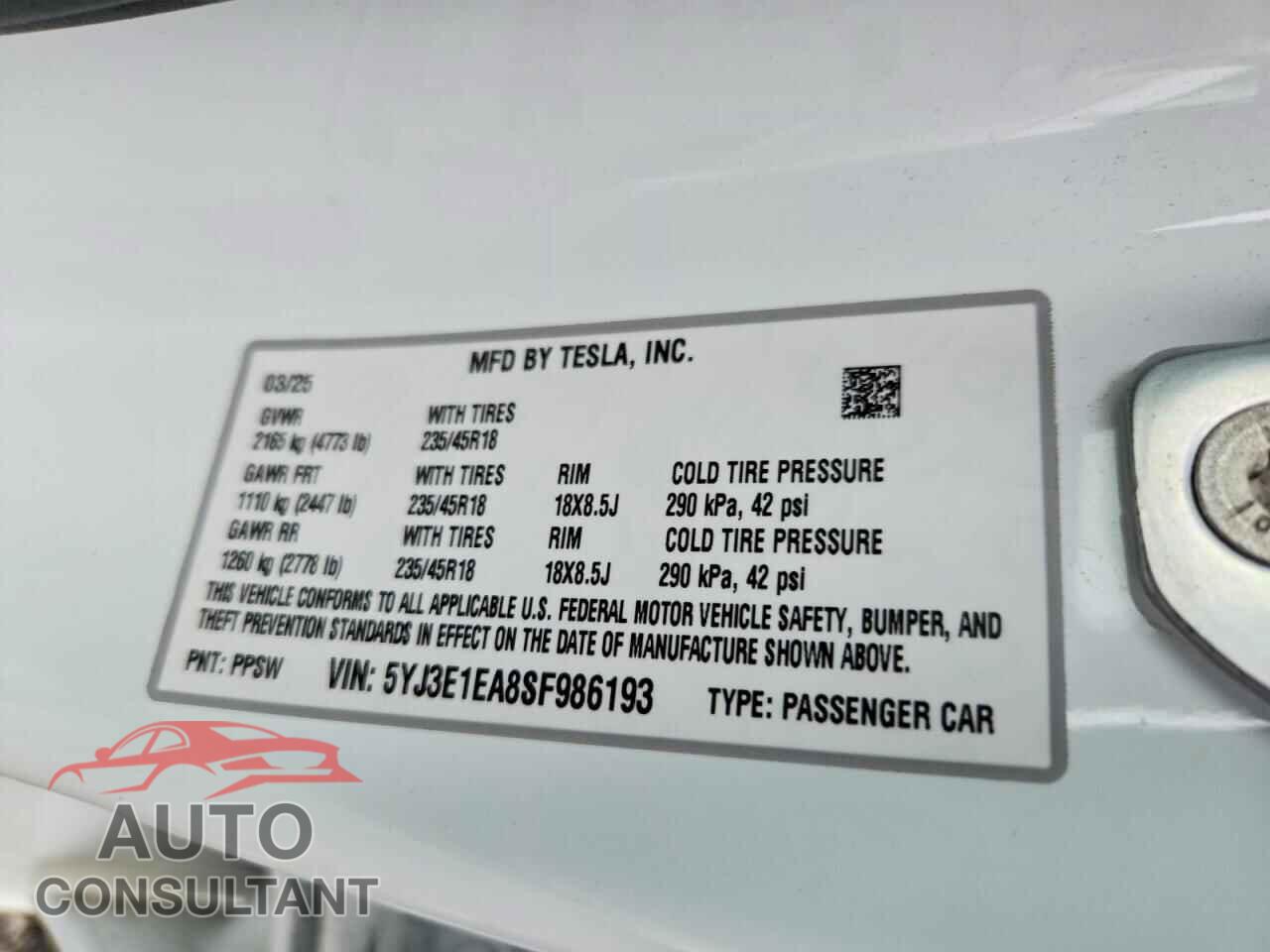 TESLA MODEL 3 2025 - 5YJ3E1EA8SF986193