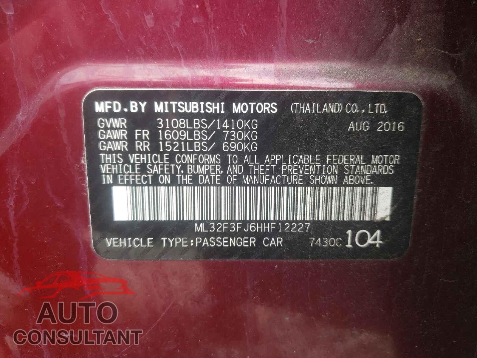 MITSUBISHI MIRAGE 2017 - ML32F3FJ6HHF12227