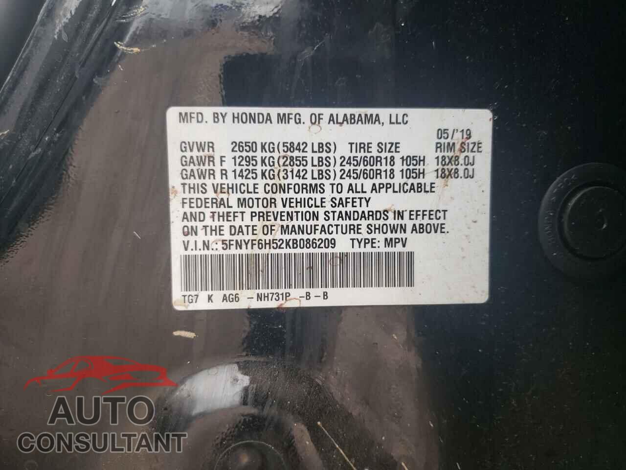 HONDA PILOT 2019 - 5FNYF6H52KB086209
